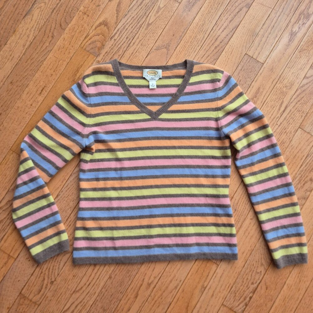 Talbots Cashmere Pastel Stripe V-Neck Pullover Sweater Size Small